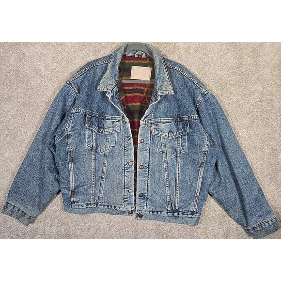 Levi's Jacket Vintage Blue Denim Aztec Native American Blanket Lined USA Made L - Picture 1 of 16